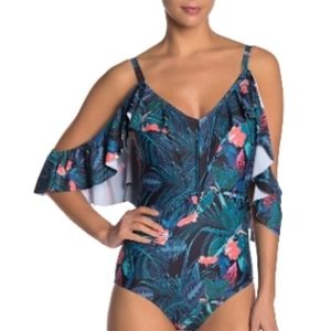 Nicole Miller Into the‎ Jungle Ruffled Cold Shoulder One-Piece Swimsuit M